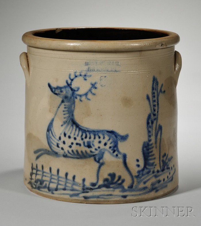 Stoneware Crock With Cobalt Deer Decoration Sale Number 2509