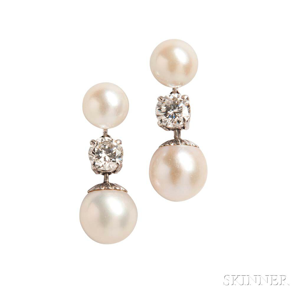 Sold at auction Cultured Pearl and Diamond Earrings Auction Number ...