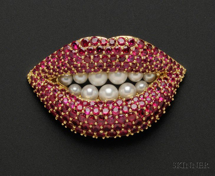 Sold at auction 18kt Gold, Ruby and Cultured Pearl Brooch, Henryk Kaston Auction  Number 2413 Lot Number 455