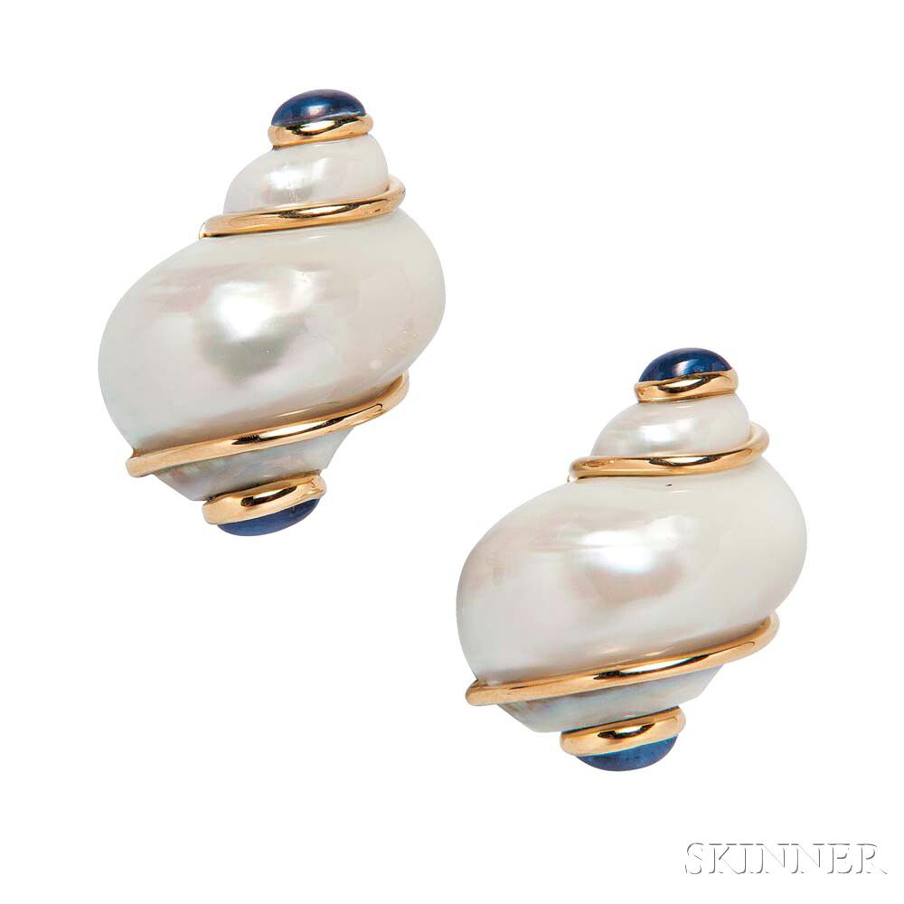 Sold at auction 18kt Gold, Turbo Shell, and Sapphire Earrings, Seaman ...