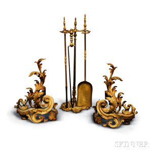 Louis XV-style Rocaille Brass Chenets and Fireplace Tools.