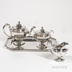 Three-piece Shreve, Crump & Low Sterling Silver Tea Service with Associated Sterling Silver Tray