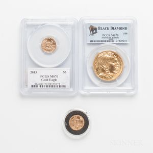 2011 $50 American Gold Buffalo One-ounce Coin, PCGS MS70, and Two 2013 $5 American Gold Eagles. 