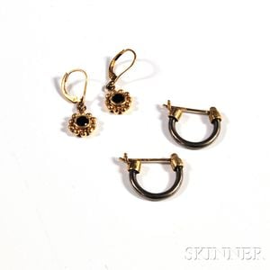 Pair of 14kt Gold Gem-set Earpendants and a Pair of 14kt Gold and Titanium Hoops