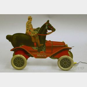 Moxie Chromolithographed Die-cut and Pressed Metal Promotional Horsemobile Pull-toy.