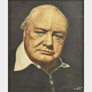 Framed Portrait of Winston Churchill Printed on Fabric