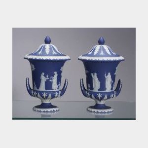Pair of Wedgwood Dark Blue Jasper Dip Vases and Covers