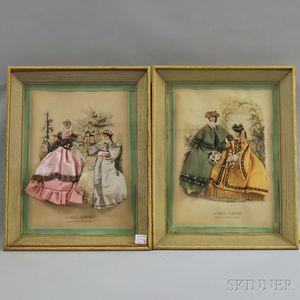 Two Vintage French Fabric-embellished La Mode Illustrée Fashion Prints