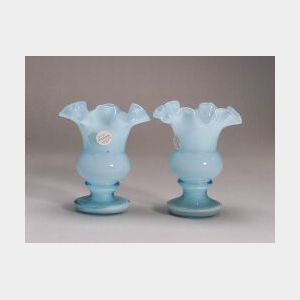 Pair of Pale Blue and Overlay Blown Glass Spill Vases