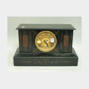 Ansonia Victorian Gilt Decorated Black Painted Cast Iron Mantel Clock.