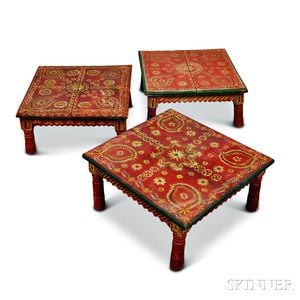 Two Pairs of Carved Architectural Elements and Three Small Tables