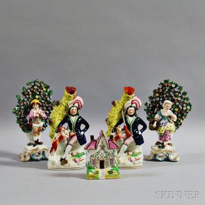 Two Pairs of Porcelain Figures and Cottage Bank