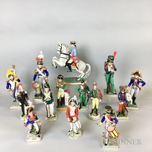 Fourteen German and French Porcelain Military Figures