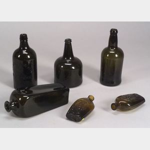 Six Colored Early Blown Glass Bottles and Flasks