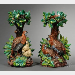 Pair of Hugo Lonitz Majolica Glazed Figural Table Pedestals