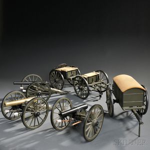 Three G.W. Funt Model Cannons, a Limber and Caisson, and a Battery Wagon