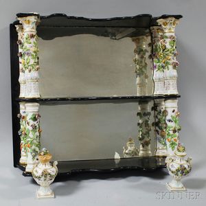 Porcelain and Wood Two-tier Mirrored Wall Shelf