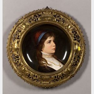 German Handpainted Portrait Charger in Bronze Frame