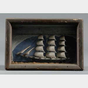 Small Painted Wooden Ship Diorama