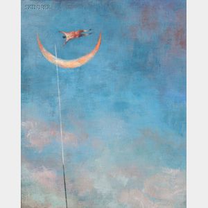 Brad Holland (American, b. 1944) Man Jumping over the Crescent Moon