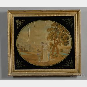 Two Silk Needlework Pictures Depicting "Plenty" and "Charity,"