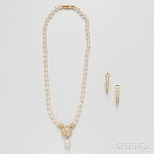 18kt Gold, Cultured Pearl, and Diamond Necklace and Earrings