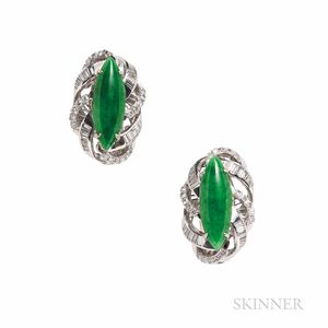 14kt White Gold, Jade, and Diamond Earclips