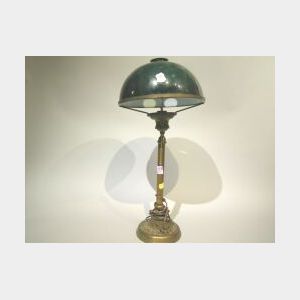 Brass Library Table Lamp with Cased Green Glass Dome Shade.
