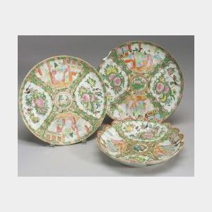 Pair of Rose Medallion Plates and a Foliate-Edge Bowl
