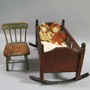 Two Paint-decorated Doll-form Felt Pockets and Two Pieces of Doll Furniture