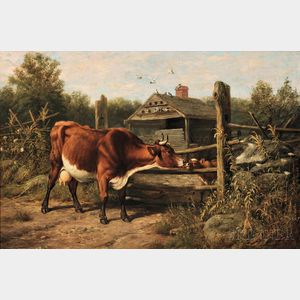 Arthur Fitzwilliam Tait (American, 1819-1905) Cow and Calf Before a Dovecoat