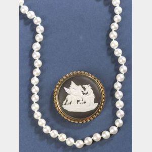 Wedgwood Black Jasper Pin with Earrings, and a Pearl Necklace with Earrings.
