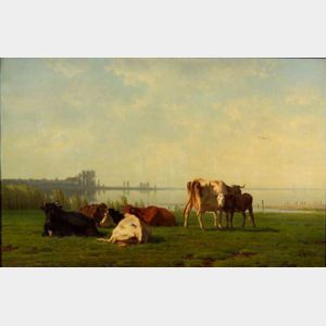 Pieter Stortenbeker (Dutch, 1828-1898) Pasture with Cattle by a Quiet Inlet