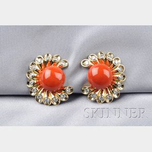 18kt Gold, Coral, and Diamond Earclips, Aletto Bros.