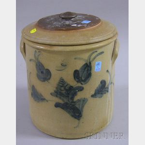 Cobalt Floral Decorated Three-Gallon Stoneware Crock with a Cover.
