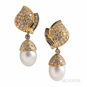 Cartier 18kt Gold, Cultured Freshwater Pearl, and Diamond Day/Night Earrings