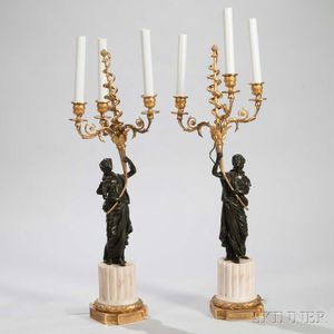 Pair of Gilt and Patinated Bronze Three-light Figural Candelabra