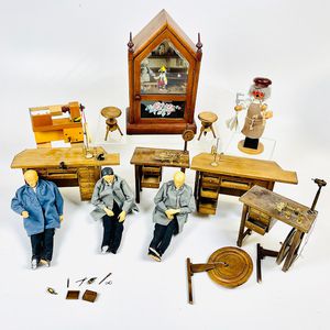 Collection of Miniature Horological Shop Benches and Figures