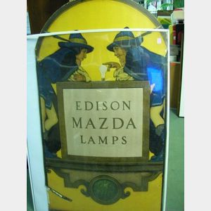 Maxfield Parrish Edison Mazda Lamps Heavy Cardboard Poster, approx. 46 1/2 x 25 1/2 in., (bumped tears, edges taped, nail holes).