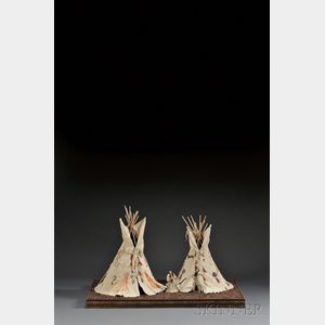 Two Plains Pictorial Hide Tipi Models and Two Hide Dolls