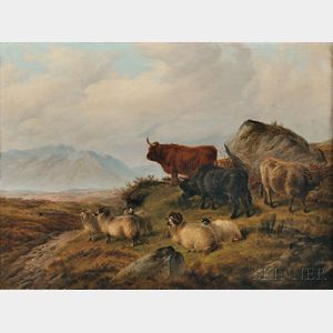 Charles Jones (British, 1836-1892) Highland Cattle and Sheep in a Landscape