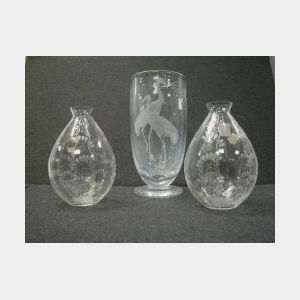 Three Etched Colorless Glass Vases.