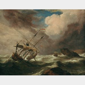 School of William Van de Velde II (Dutch, 1633-1707) Ships in Distress off a Rocky Coast