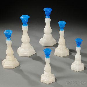 Three Pairs of Blue-on-Clambroth Pressed Glass Candlesticks