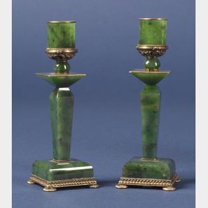Pair of Faberge Workshops Silver-mounted Jade Candlesticks