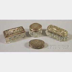 Three Sterling and Colorless Glass Vanity Items and an Oval Continental Silver Box