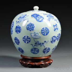 Celadon Covered Jar with Blue and White Decoration