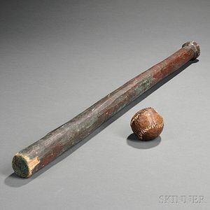 Carved Wooden Blue-painted Baseball Bat and Leather Baseball