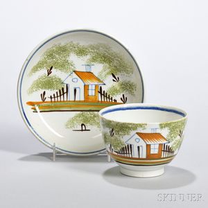 Pearlware Cup and Saucer with Polychrome House Decoration