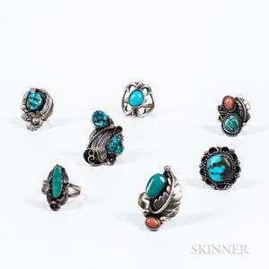 Seven Navajo Silver and Turquoise Rings